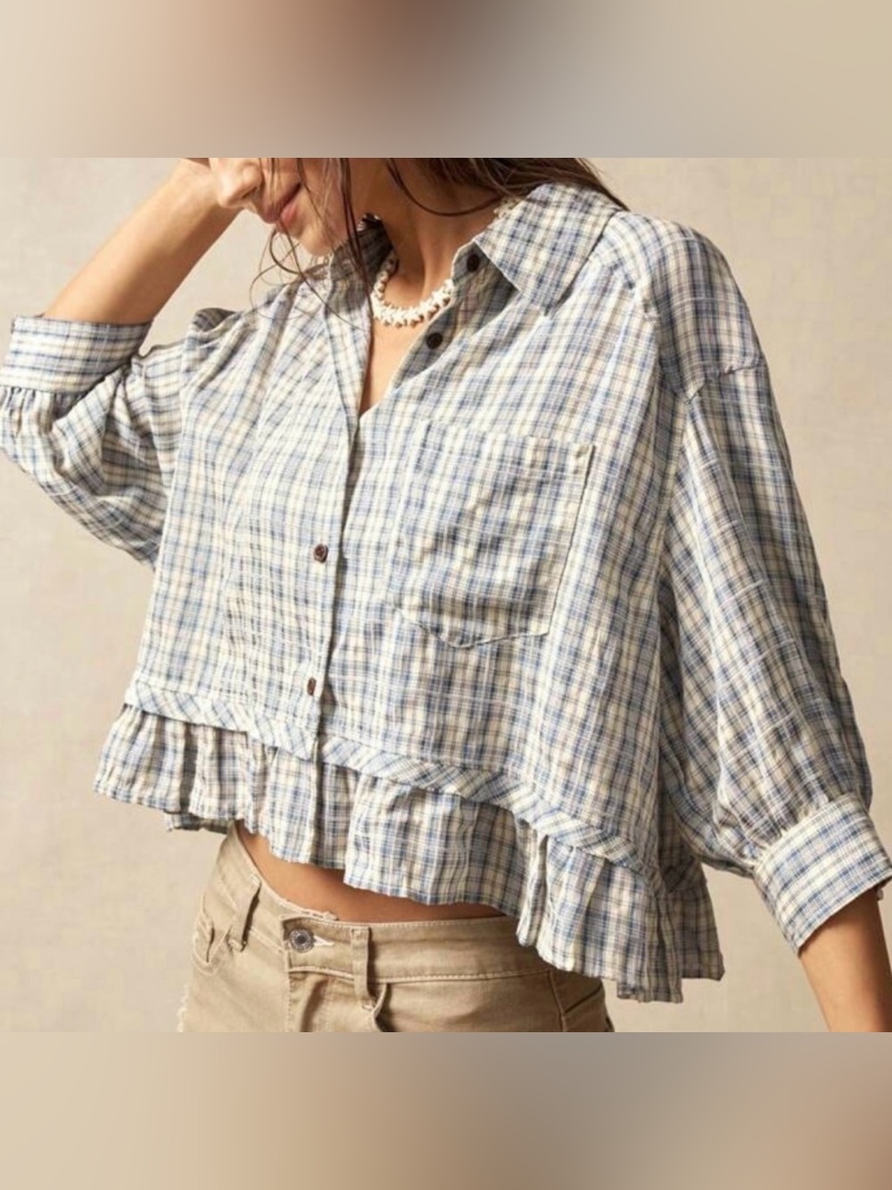 NWOT Women's Blue Plaid Ruffle Hem Button-Down Shirt / boxy cropped - Picture 2 of 9